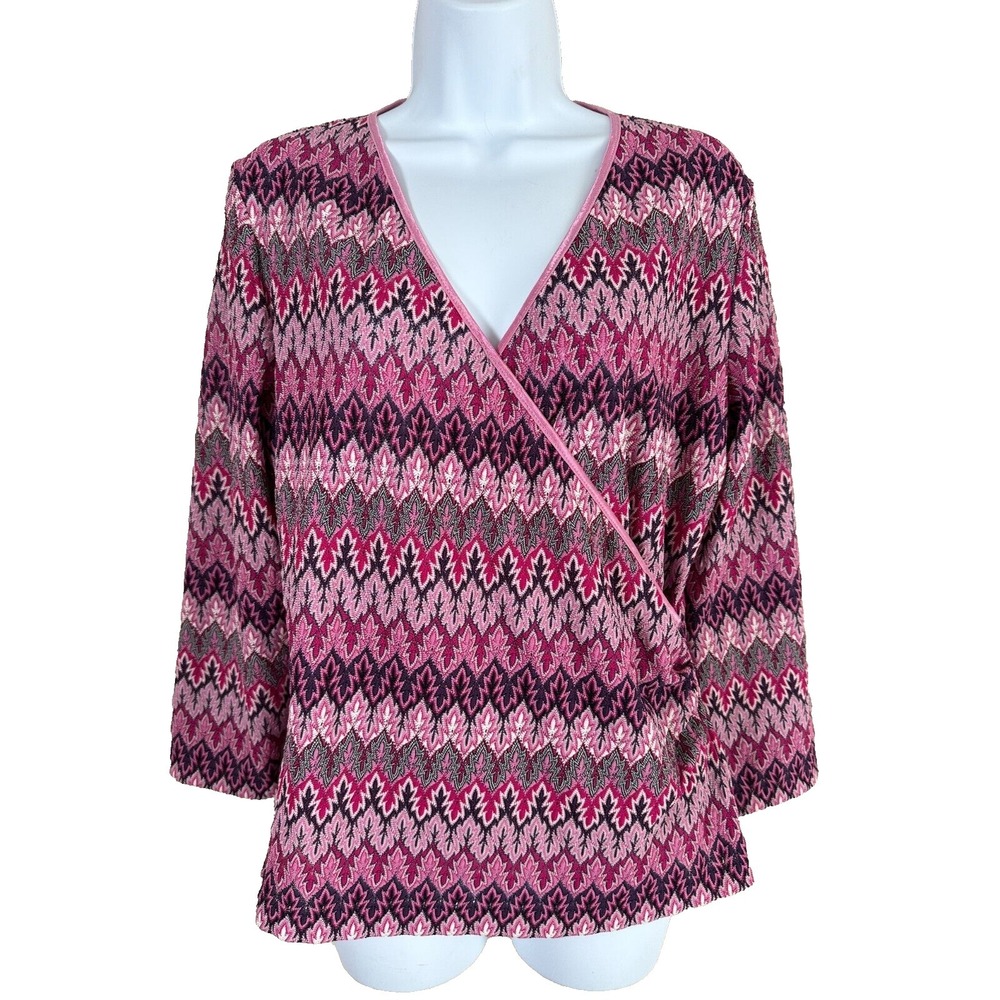 Vintage Y2K Jones New York Womens Top Medium Pink 3/4 Sleeve Zig Zag Wrap Blouse